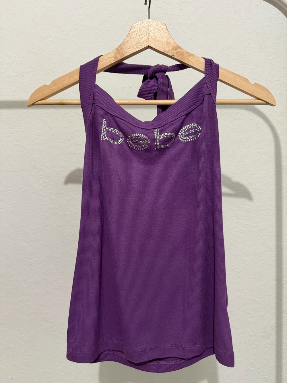 bebe Purple Rhinestone Logo halter top